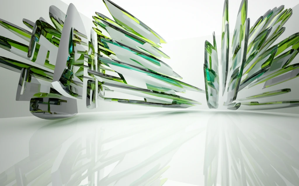Futuristic cityscape made of transparent plastic optical lenses reflecting vibrant colors.