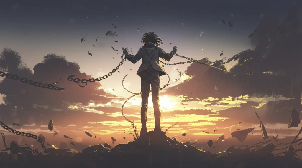 Person breaking free from chains of negative emotions.