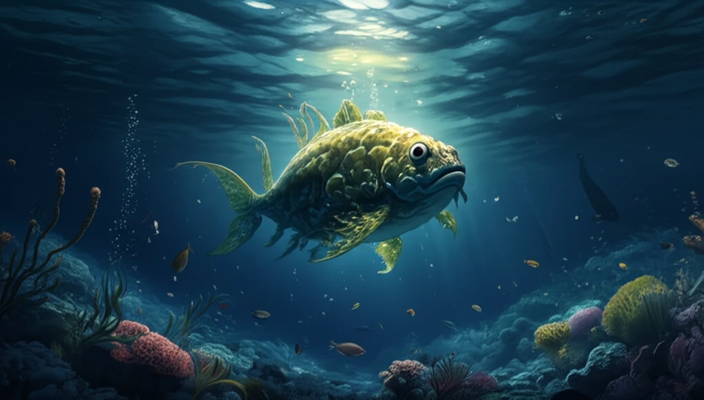 Surreal illustration of microalgae forming a fish shape in the ocean, symbolizing sustainable aquaculture.