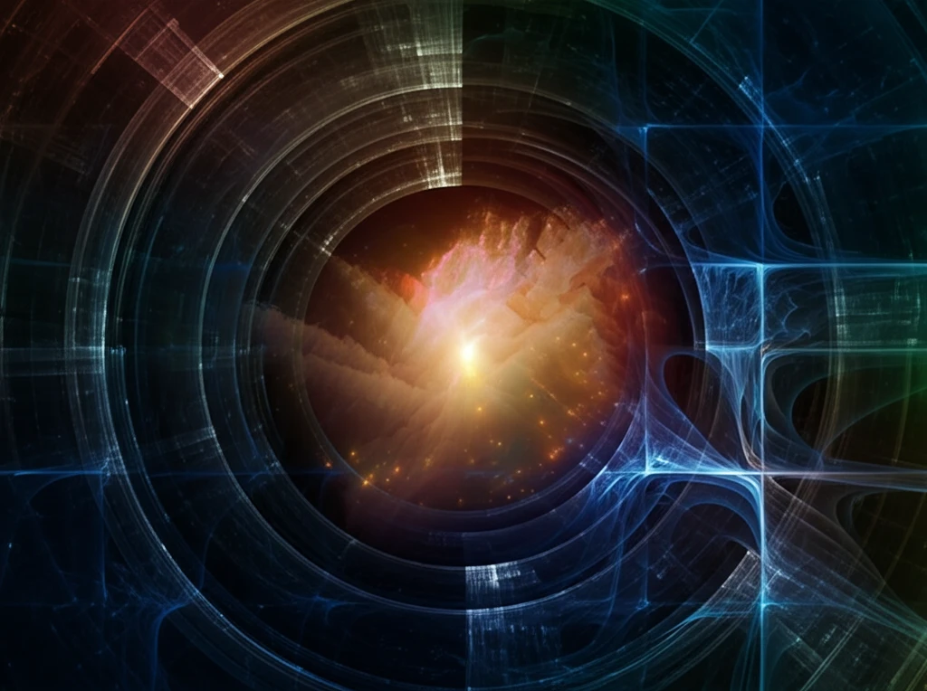 Surreal illustration of a galaxy distorted through a complex lens.