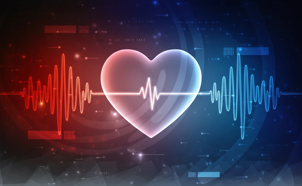 Surreal image of a heart emitting rhythmic waves, symbolizing oscillatory ventilation.