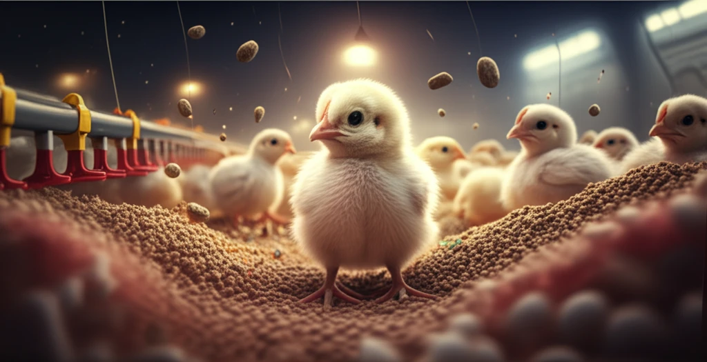 Broiler breeder chick in a futuristic aviary with nutritious feed particles.