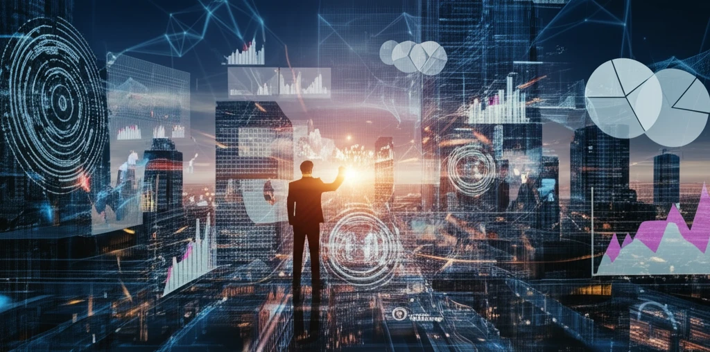 Market researcher surrounded by floating data points in a futuristic cityscape