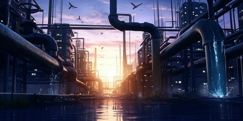 Surreal cityscape of interconnected water pipes symbolizing sustainable water management.