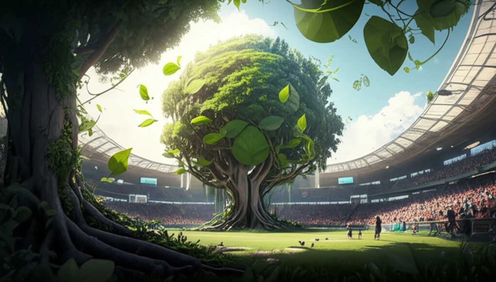Eco-friendly stadium filled with nature, reflecting sustainable sponsorship.