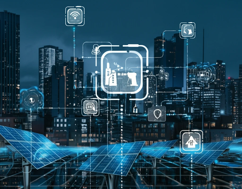 Futuristic cityscape powered by interconnected smart microgrids, showcasing clean energy and community empowerment.