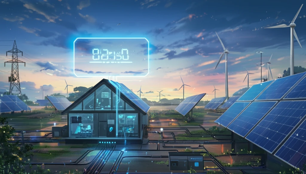 Futuristic home energy grid with solar panels, wind turbines, and battery system.