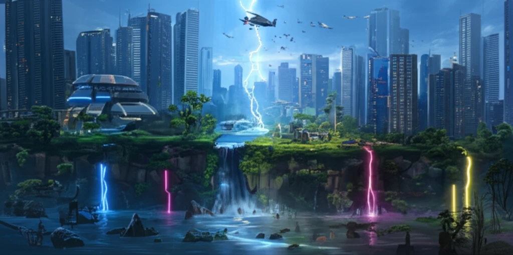 Surreal cityscape showing flood pathways with neon lines highlighting water flow.