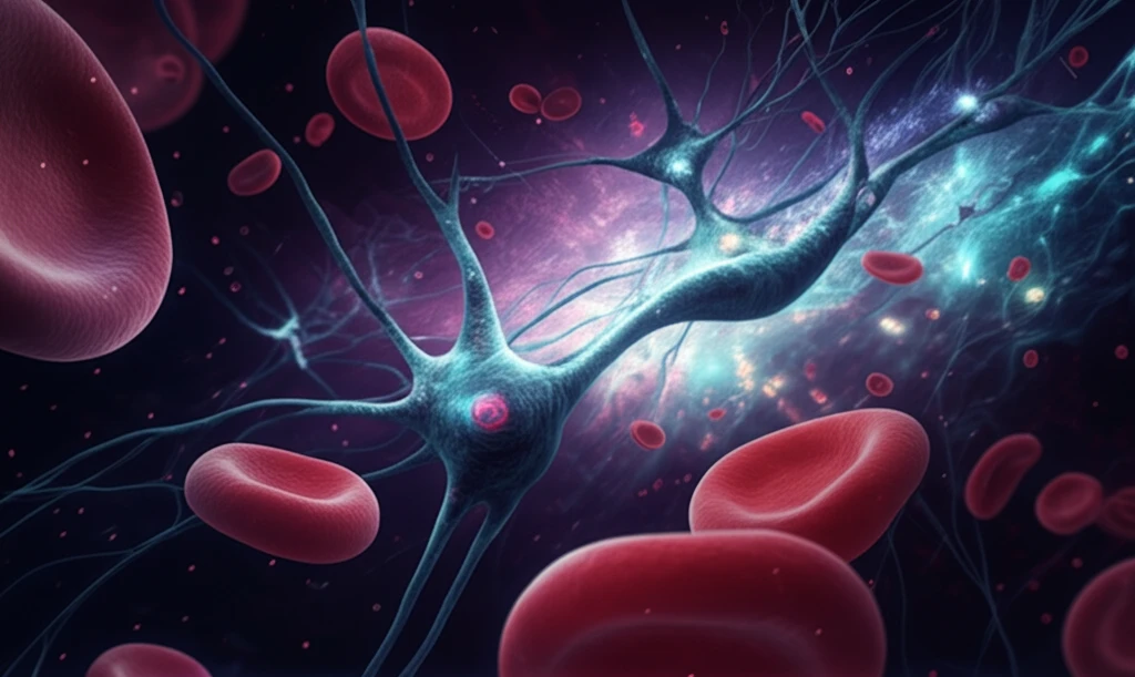Blood cells flowing through neural pathways, symbolizing the brain-blood connection