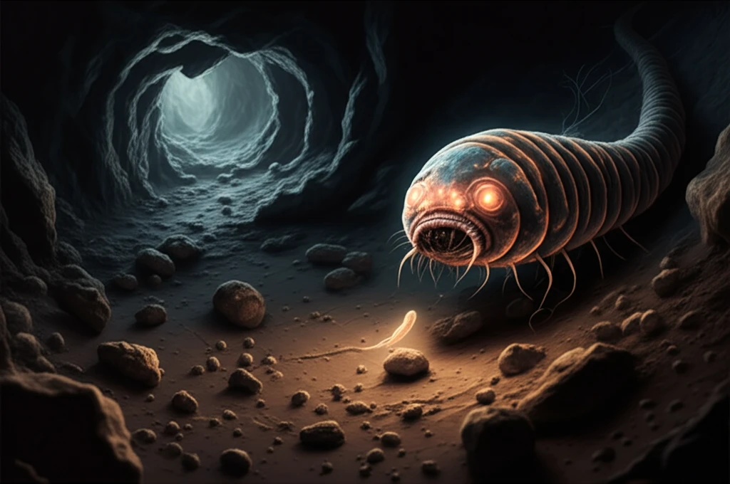 Surreal illustration of Seinura caverna n. sp. nematode in a bat guano cave.