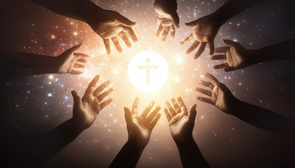 Diverse hands reaching towards a glowing faith symbol.