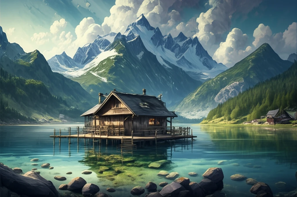 Prehistoric lake dwelling village in the Alps.