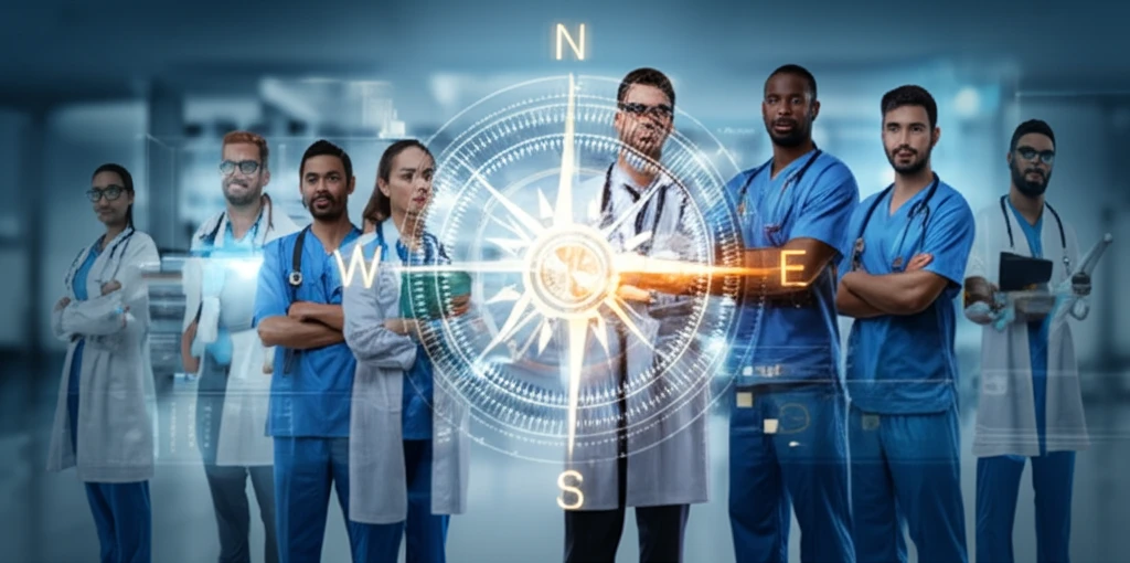 Healthcare team working together guided by a compass symbolizing mission, vision, and values.