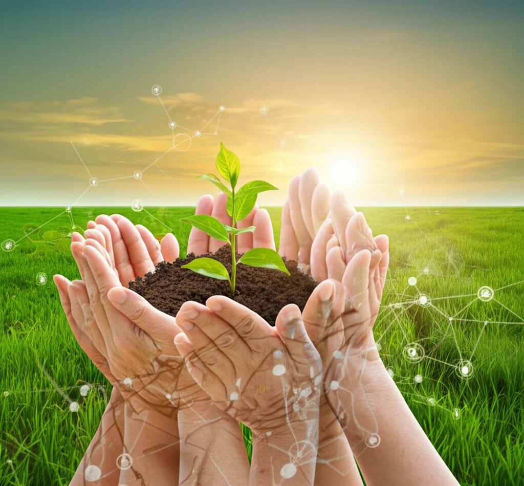 Diverse hands nurturing sustainable agriculture through collaborative plant breeding.