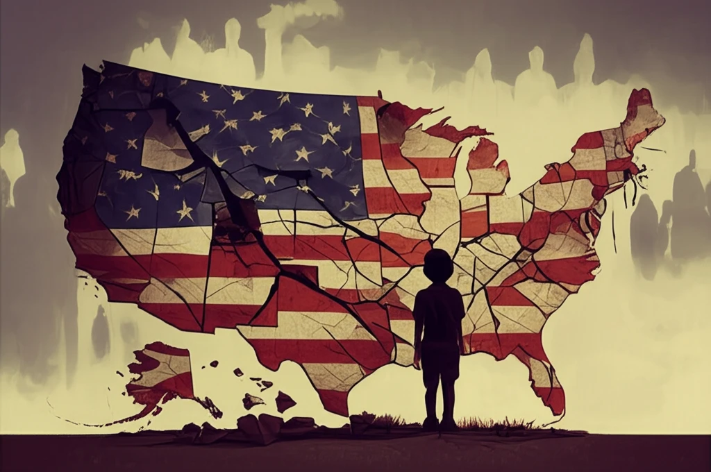 Child silhouette with fractured US map, representing immigration law impact on Latino families.