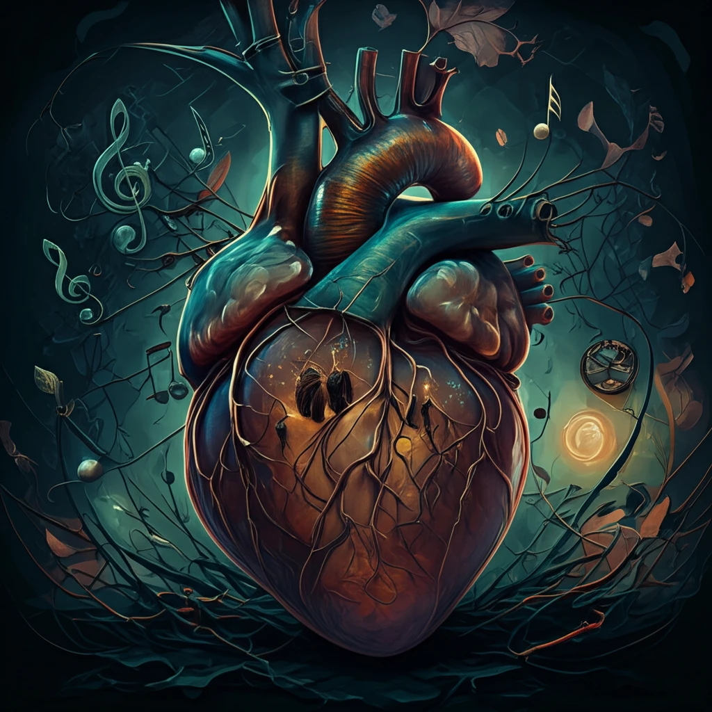 Surreal illustration of an orchestra inside a human heart, symbolizing the connection between music and ethics.