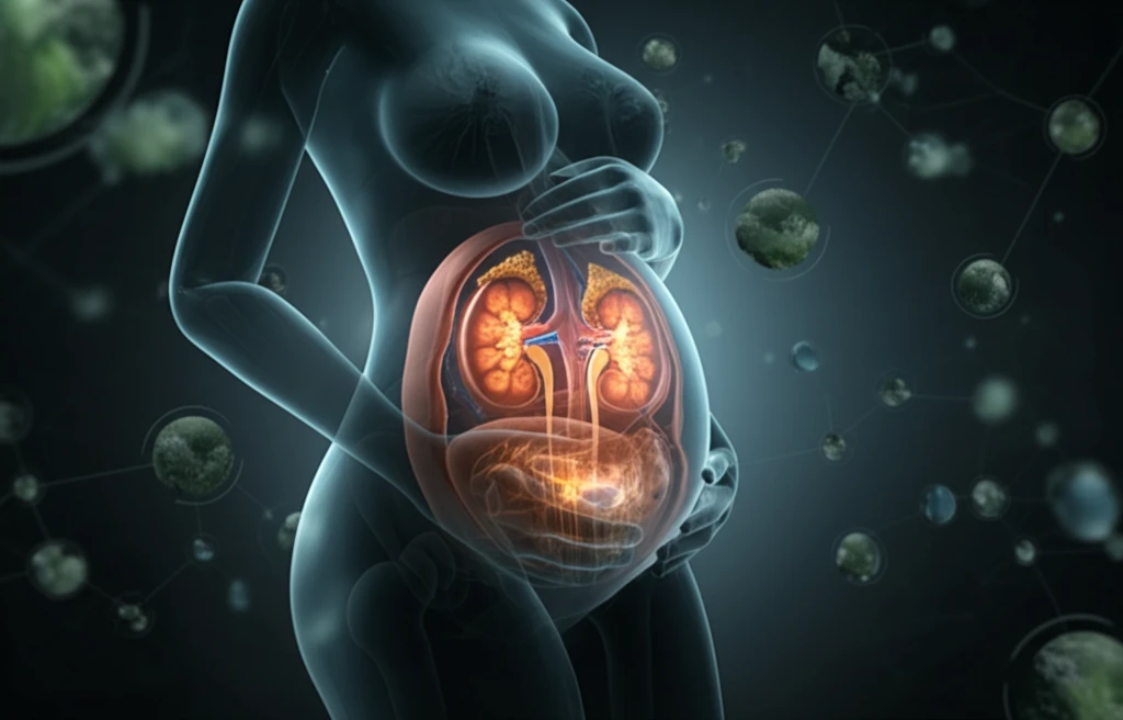 Illustration of a pregnant woman with glowing kidneys, symbolizing healthy kidney development.