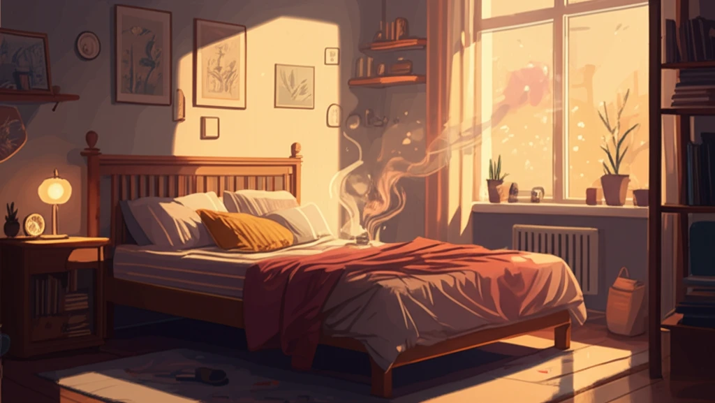 Surreal illustration of a natural latex mattress with subtle smoke and flame patterns, symbolizing fire risk.