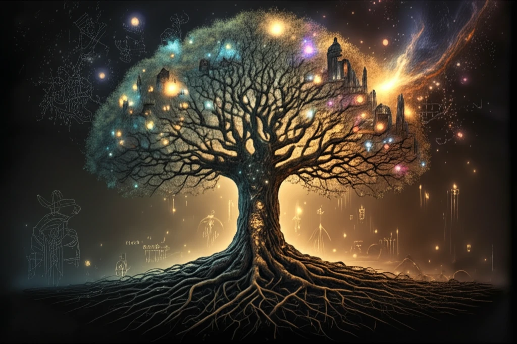 A surreal illustration of a tree connecting science and religion.