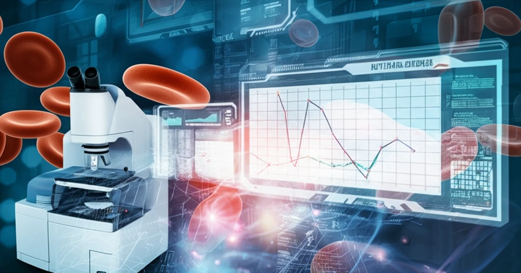 Digital illustration of flow cytometry and blood cells.