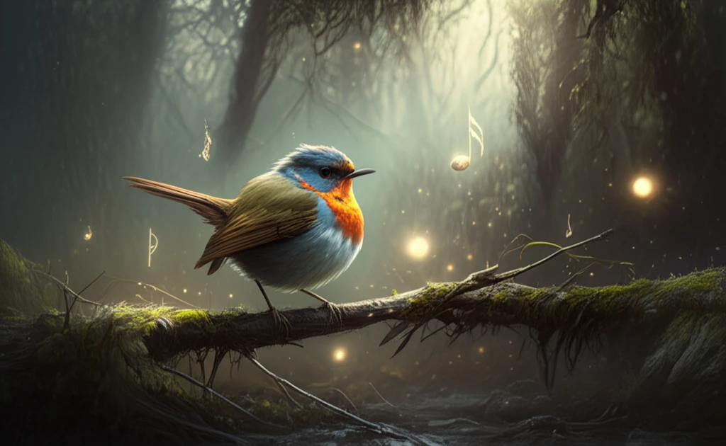New Zealand robin surrounded by musical notes and memory orbs.