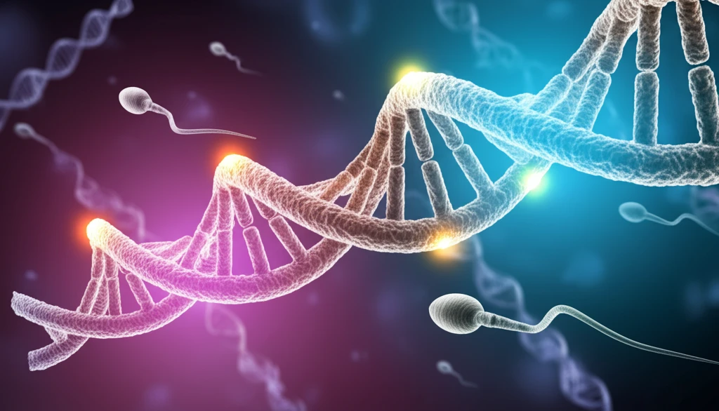 Microscopic sperm cell with DNA strands intertwined, representing SETDB1 protein's gene silencing role