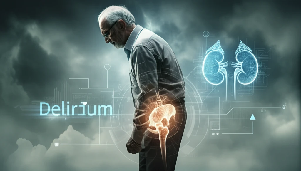 Surreal illustration of hip fracture complications in older adults