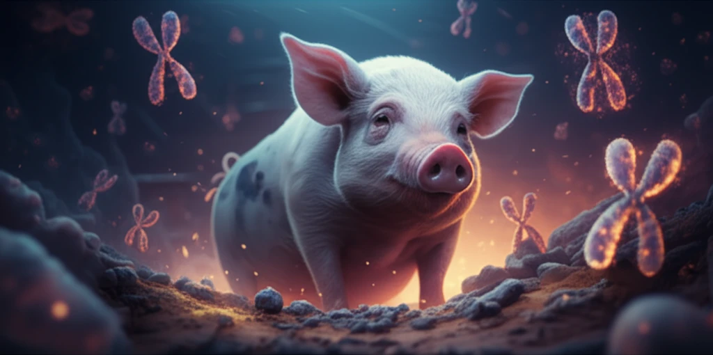 Healthy pig surrounded by glowing nucleotides and balanced fiber and starch symbols.