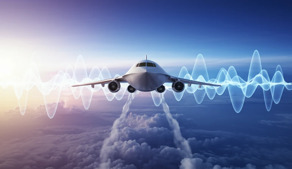 Futuristic aircraft silently flying through a noise-canceling sky, symbolizing hybrid dissipation schemes.