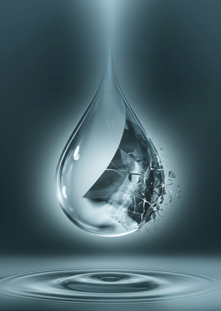 Surreal illustration of water droplet intertwined with medical x-ray, symbolizing water contamination by medical contrast agents.