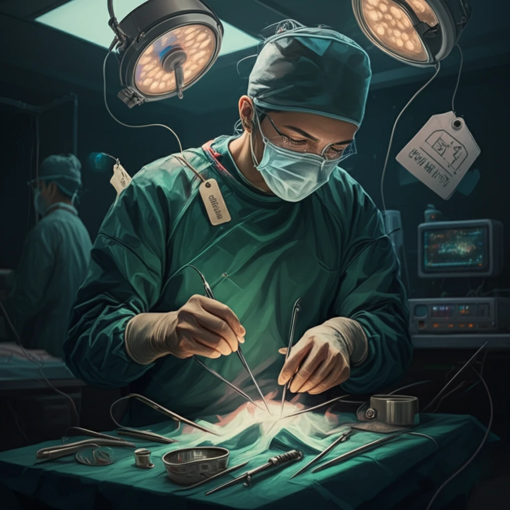 Surgeon operating with price-tagged tools, symbolizing orthopedic implant costs.
