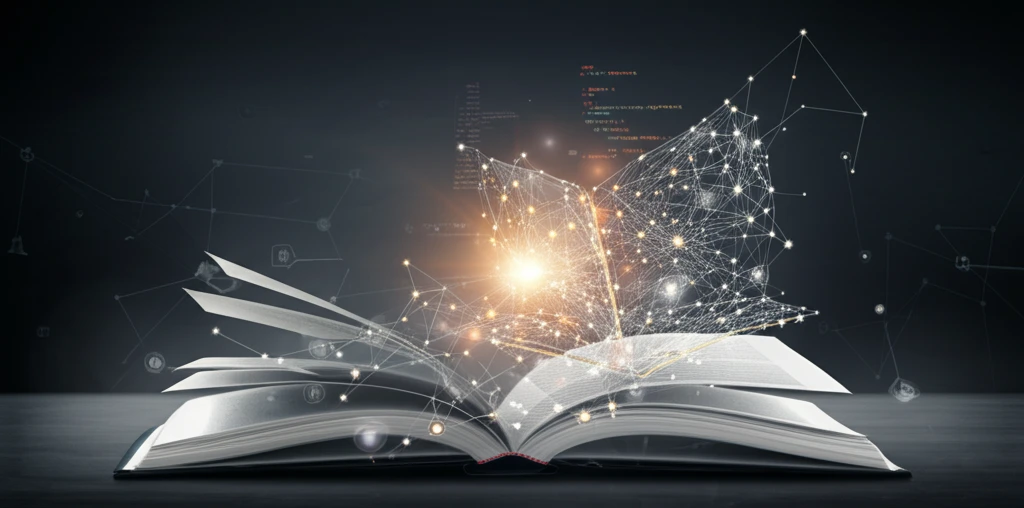 AI Neural Network shaped like an open book with code snippets. Alternate text: An AI-generated image showing the fusion of artificial intelligence and education, with a neural network in the form of an open book surrounded by code.