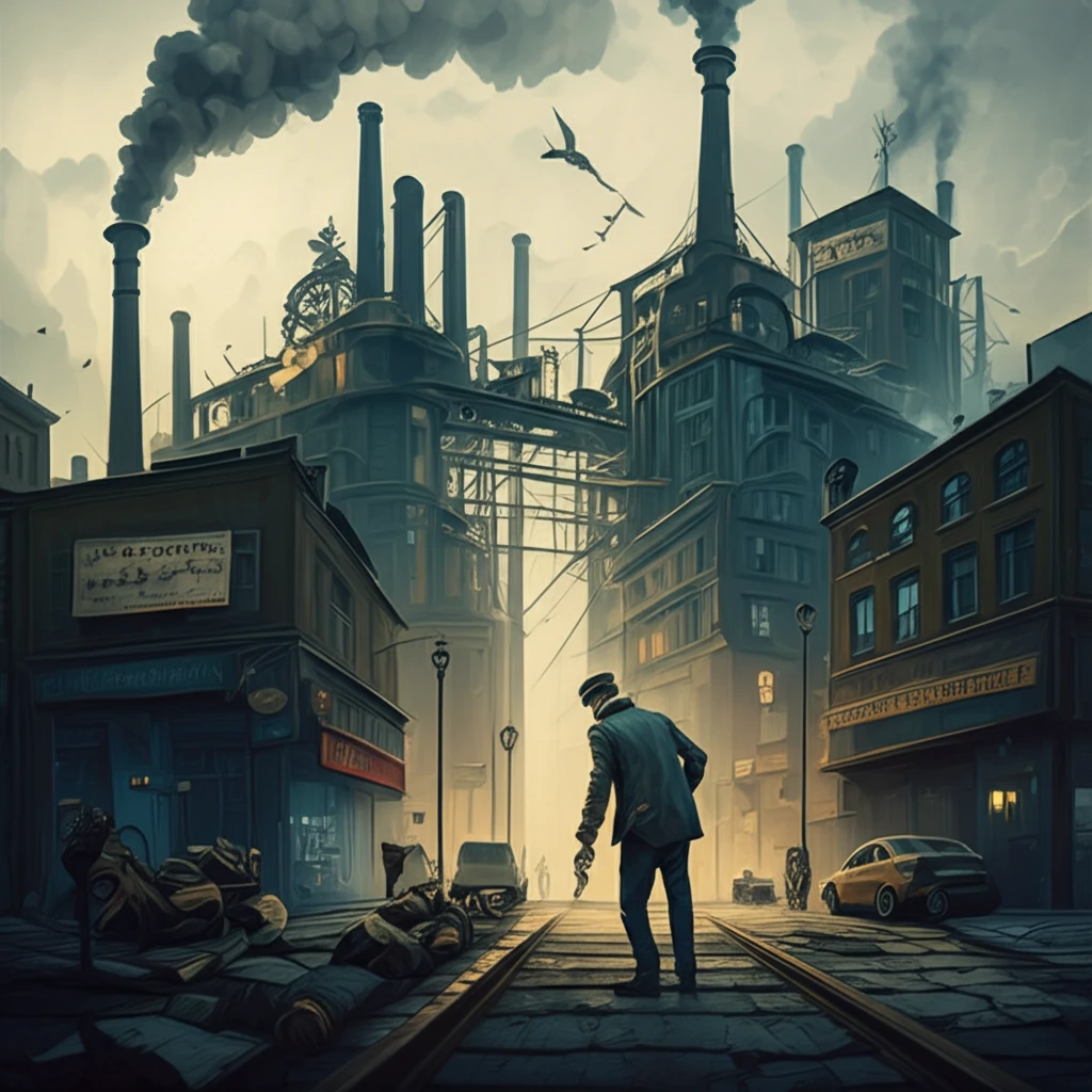 Surreal illustration depicting the economic depression of the 1890s in America, juxtaposing industrial progress with poverty and social unrest.