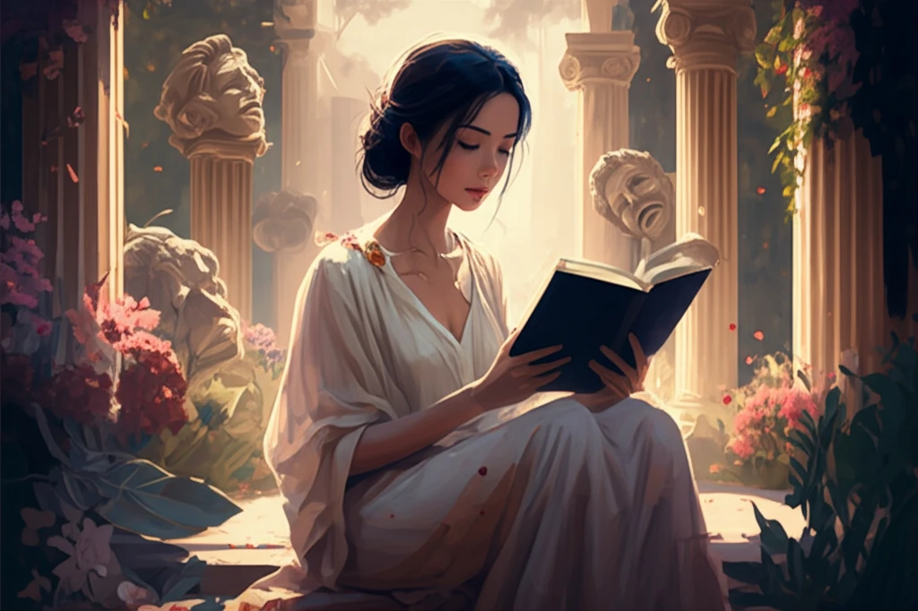 A woman reading Sophocles in a garden with Greek ruins.