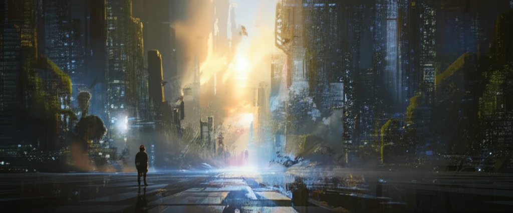 Futuristic cityscape powered by photoactive materials converting pollution into clean energy.