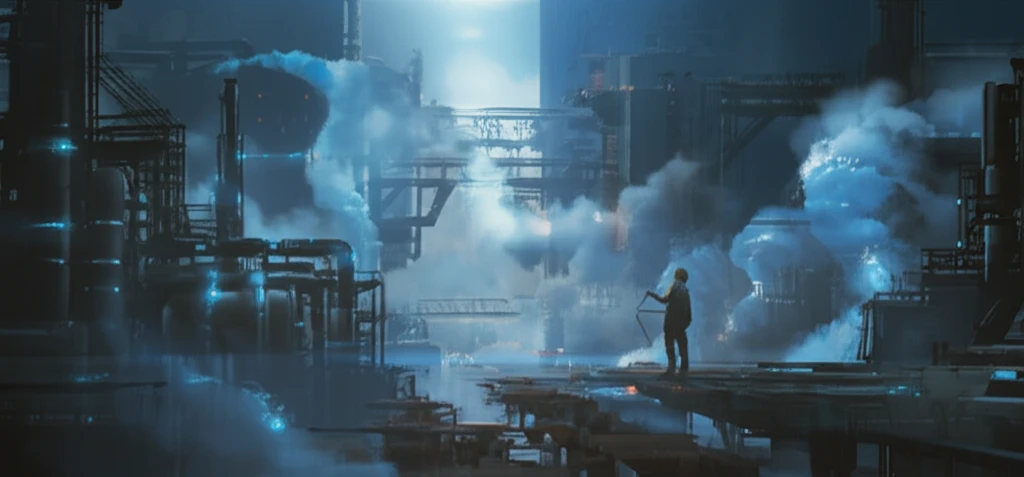 Futuristic industrial landscape with air purification using blue ionic liquids.