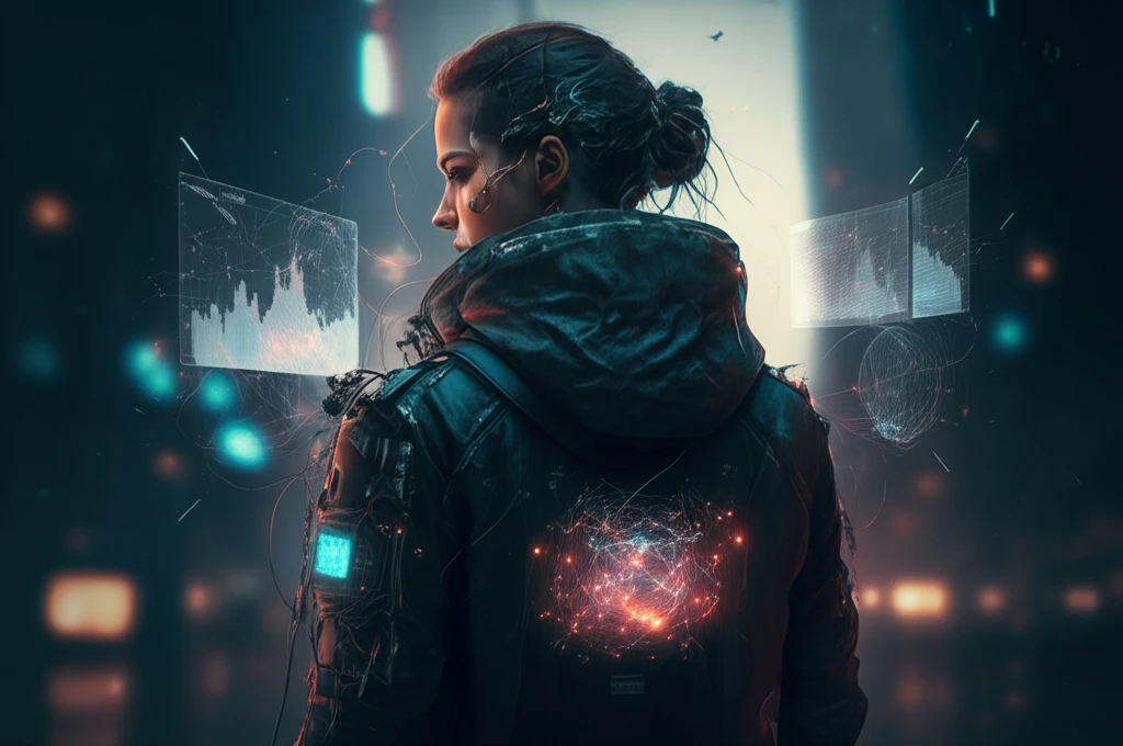 Futuristic jacket with embedded piezoelectric sensors monitoring vital signs.