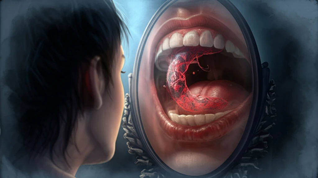 Surreal image of a person seeing oral melanoma in their reflection.