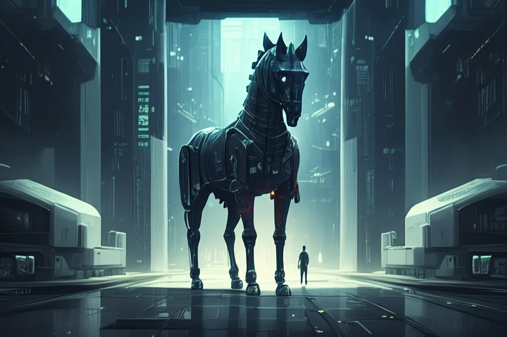 Glowing Trojan horse made of medical data outside futuristic hospital, symbolizing risk calculators in healthcare.