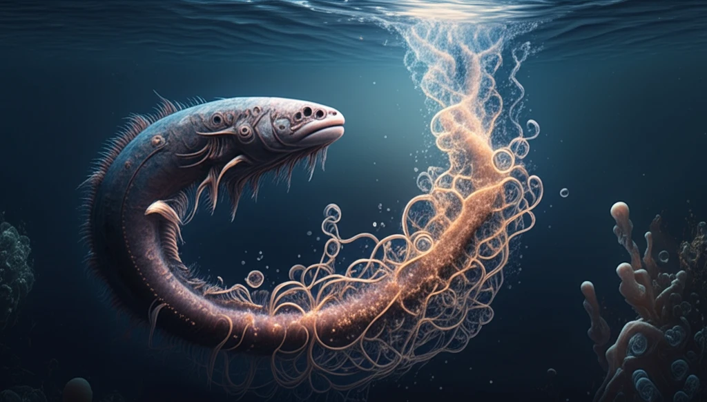 Hagfish releasing slime that transforms into glowing patterns.