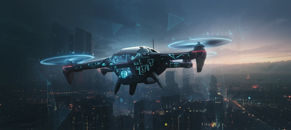 Futuristic drone with neural network patterns symbolizing AI control soaring through a cityscape.