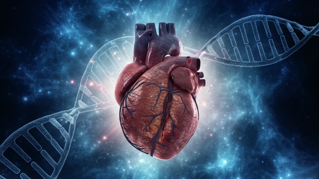 Intricate digital illustration of a heart intertwined with glowing RNA strands.