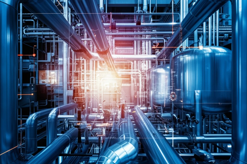Interconnected pipes and tanks representing an industrial control system with data flowing between them.