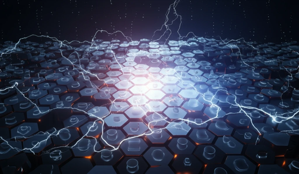 Glowing lithium ions moving through a crystalline structure.