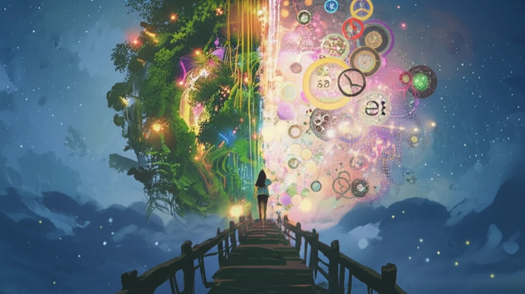 A surreal bridge connecting the natural and spiritual worlds, symbolizing the principle of correspondence.