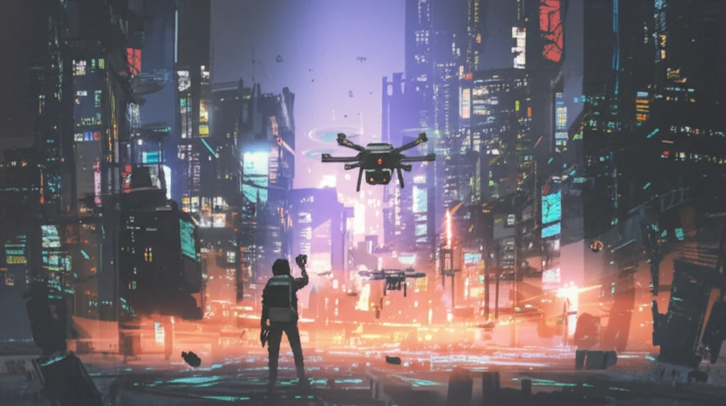 Futuristic city skyline with delivery drones.