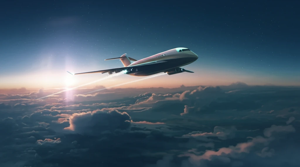 Futuristic airplane soaring silently through a tranquil sky.