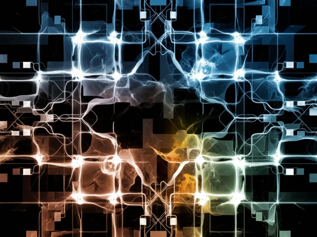 Interconnected laser beams representing complex coupling in VCSEL arrays.