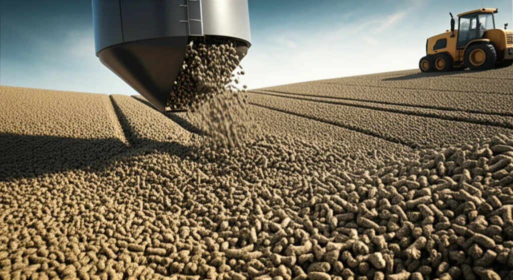 Agricultural fields transforming into biofuel pellets, symbolizing biomass densification and sustainable energy.