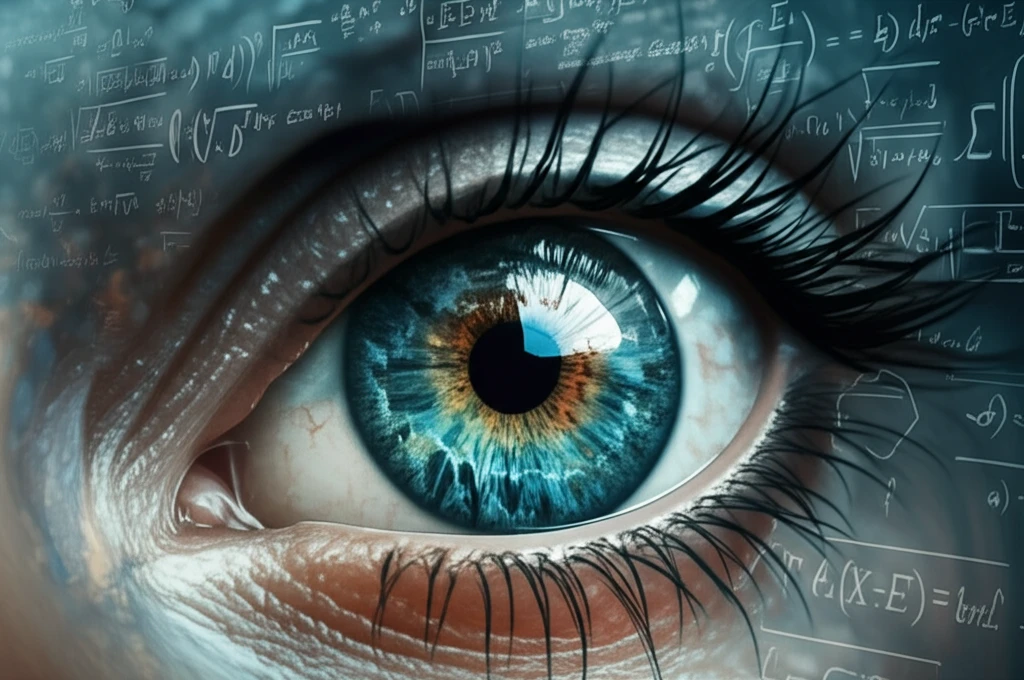 Miniature cityscape reflecting on iris, symbolizing precision and technology in IOL calculations.